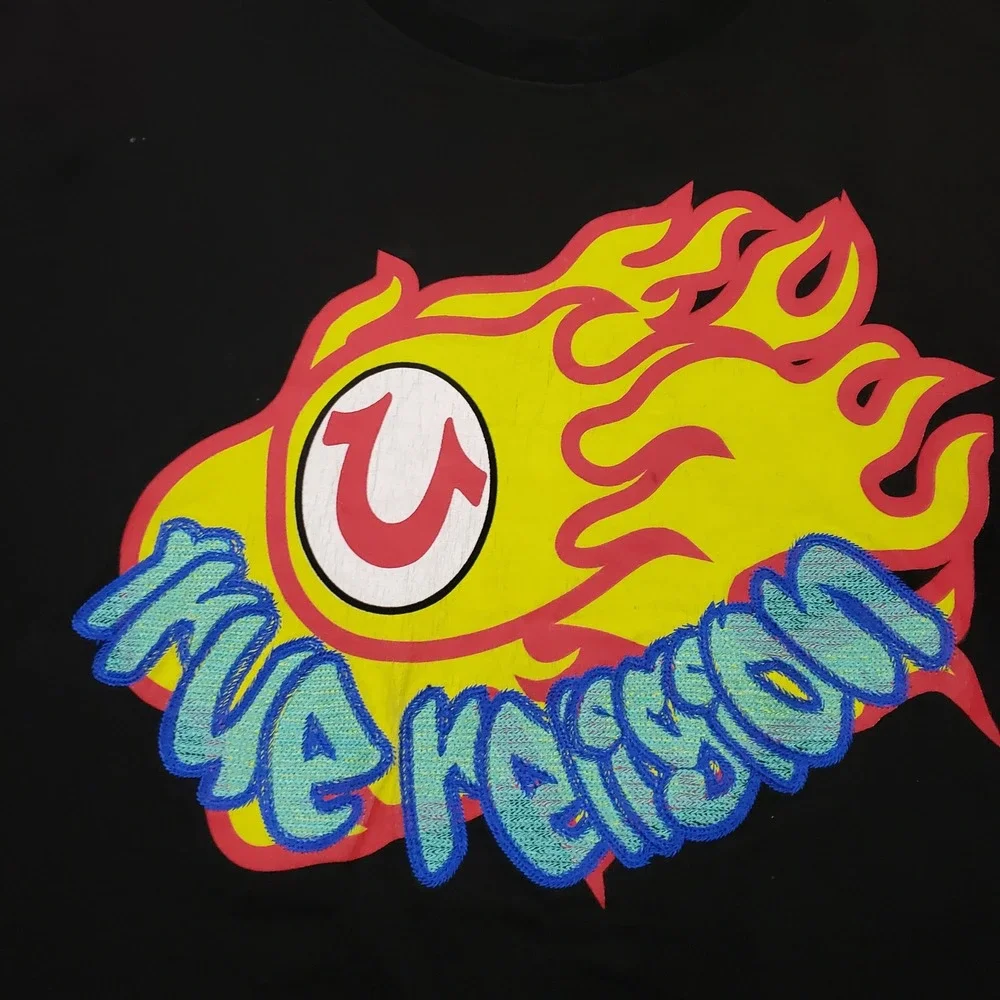 True‎ Religion Shirt Mens 2XL XXL Black Red Flame Short Sleeve Casual Adult